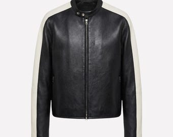 Handmade Men’s Racing Moto Leather Jacket, Black Biker Outerwear with White Stripe