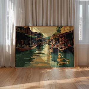 Thailand Floating Market Travel Print Wall Art – Illustrated Thai River Scene, Southeast Asia Cultural Artwork, Traditional Market Decor