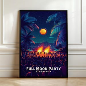 Koh Phangan Travel Poster, Thailand Wall Art Print, Full Moon Party Art, Tropical Island Nightlife Decor, Beach Festival Printable Gift