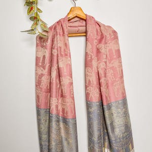 Thai Elephant Shawl, Bohemian Pashmina Wrap, Ethnic Print Fringed Scarf, Lightweight Travel Cover Up