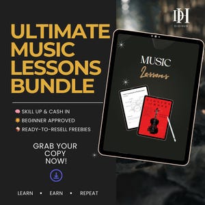 Może przedstawiać: Reklama pakietu lekcji muzyki. Tekst brzmi "ULTIMATE MUSIC LESSONS BUNDLE" w złotych literach. Tablet wyświetla "MUSIC Lessons" i książkę zatytułowaną "Violins of Hope". Reklama zawiera frazy "SKILL UP & CASH IN" i "BEGINNER APPROVED".