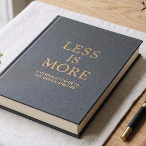 Könnte beinhalten: Ein dunkelgraues Hardcover-Buch mit einem strukturierten Stoffeinband. Auf dem Vorderdeckel befindet sich eine goldene Prägung mit dem Text: LESS IS MORE A MINIMALIST GUIDE TO ART, DESIGN, AND LIFE. Das Buch hat cremefarbene Seiten und ein schwarzer Stift.