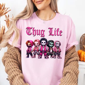 Thug Life Horror Characters Shirt Funny Halloween Villains T-Shirt Pink Streetwear Style Creepy Cute Graphic Tee for Women and Teens
