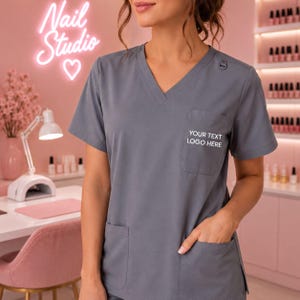 Nail Tech Scrubs, Professional V-Neck Top | Cool Comfort Moisture-Management, Custom Logo