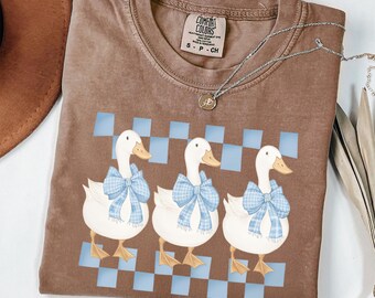 Chemise Comfort Colors Goose : t-shirt vichy avec nœud et animaux de la ferme