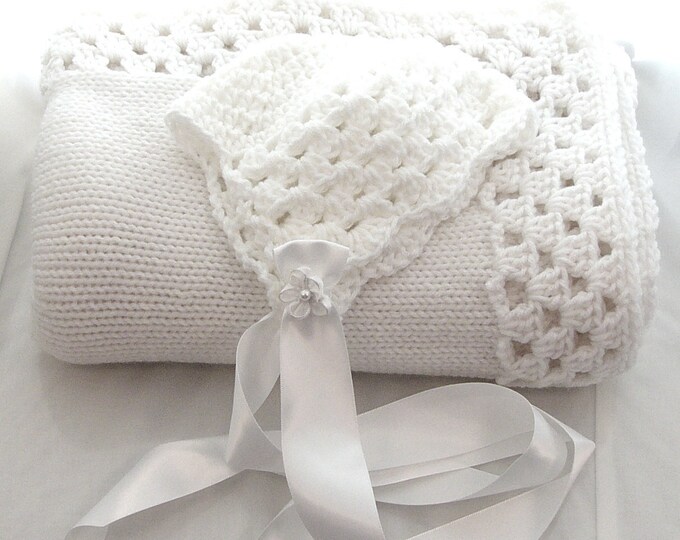 White Knitted Baby Blanket With Granny Square Edge and Baby Hat Satin