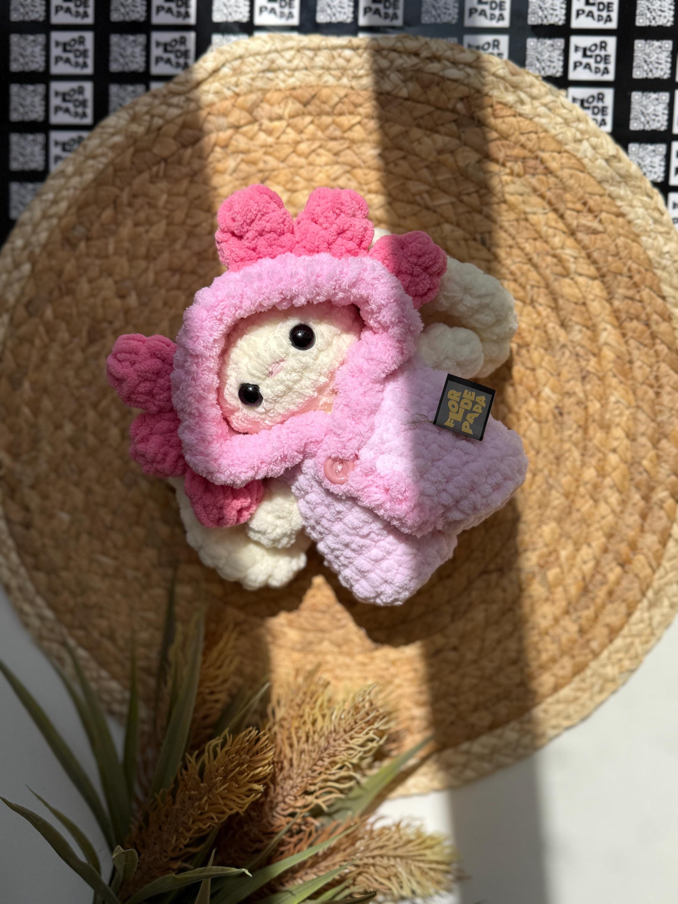 Mini bunny with pajamas, mini bunny with axolotl pajamas pattern, includes mini bunny pattern + axolotl pajamas pattern.