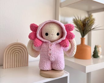 PDF pattern, mega bunny in pajamas (axolotl) pattern in Spanish and English.
