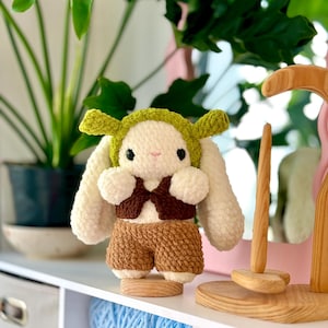 Può includere: Un peluche a forma di coniglio realizzato all'uncinetto con lunghe orecchie bianche, un cappuccio verde con piccole orecchie arrotondate, un gilet marrone scuro e pantaloncini marrone chiaro. Il pupazzo ha occhi neri e un naso rosa su base in legno.