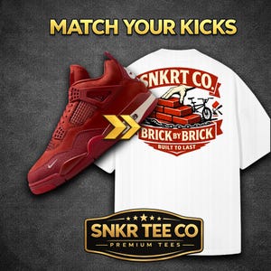 White heavyweight streetwear graphic tee with matching Air Jordan 4 Nigel brick by brick red sneaker with MATCH YOUR KICKS headline