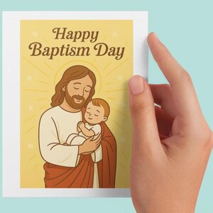 Joyeux baptême - Carte de baptême imprimée | Jésus tenant un bébé | Carte de voeux unisexe jaune A2 | 01