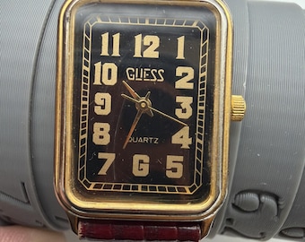 Vintage Womens Guess Watch 22mm Gold Tone Tank 1989 Leather Band New Battery