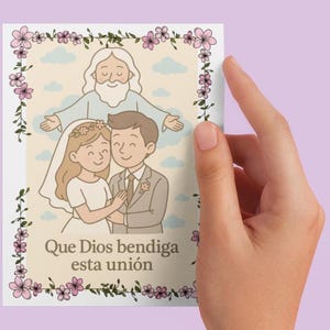 Que Dios Bendiga Esta Unión – Cartão de Casamento | Deus cuidando do casal | Estilo bonito dos desenhos animados | Cores Pastel | Flores | Recien Casados 02