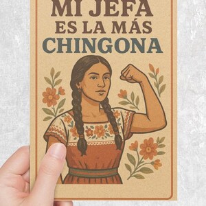 Mi Jefa Es La Más Chingona Card – Mexican Mom Greeting Card  Latina Mother’s Day – Vintage Illustration – Woman Flexing in Traditional Dress