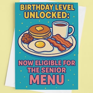 Funny Birthday Card – Birthday Level Unlocked – Senior Discount Humor – Bold Cartoon Style – 4x6 Greeting Card for Him or Her