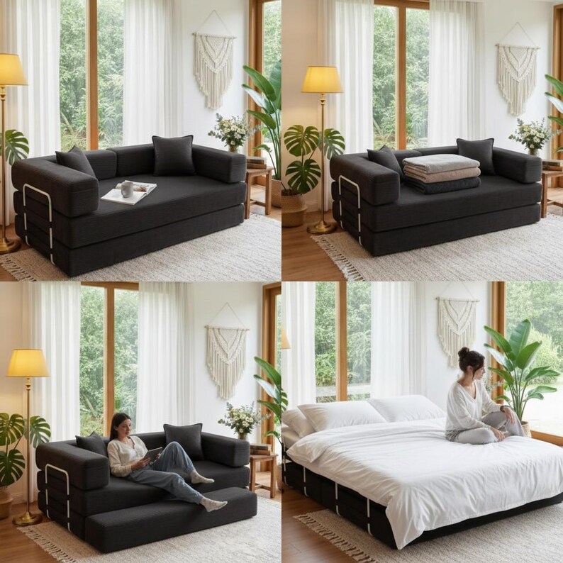 May include: A multi-functional, dark gray convertible sofa bed. The sofa features a modular design with armrests and back cushions. The bed is shown in different configurations, including a sofa and a bed with white bedding. The frame has white metal accents.