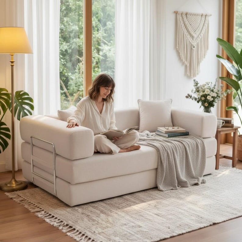 Vardagsrumssoffor Modulsoffor · Bäddsoffa · Dagbädd i manchester · Minimalistisk bäddsoffa i krämfärg · Soffa för liten lägenhet bild 3