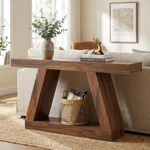 Può includere: Una consolle in legno marrone scuro con piano rettangolare e gambe a forma di A. Un cestino intrecciato con cuscini è appoggiato sul ripiano inferiore. Il tavolo è decorato con un vaso di verde, libri e una statuina di cervo dorato.