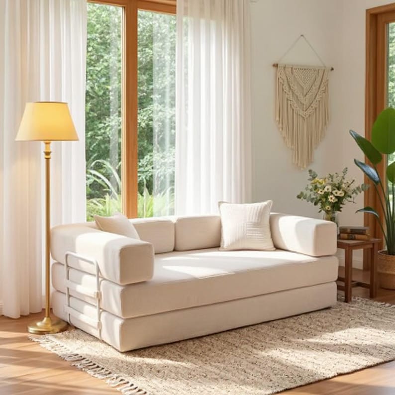 Vardagsrumssoffor Modulsoffor · Bäddsoffa · Dagbädd i manchester · Minimalistisk bäddsoffa i krämfärg · Soffa för liten lägenhet bild 1