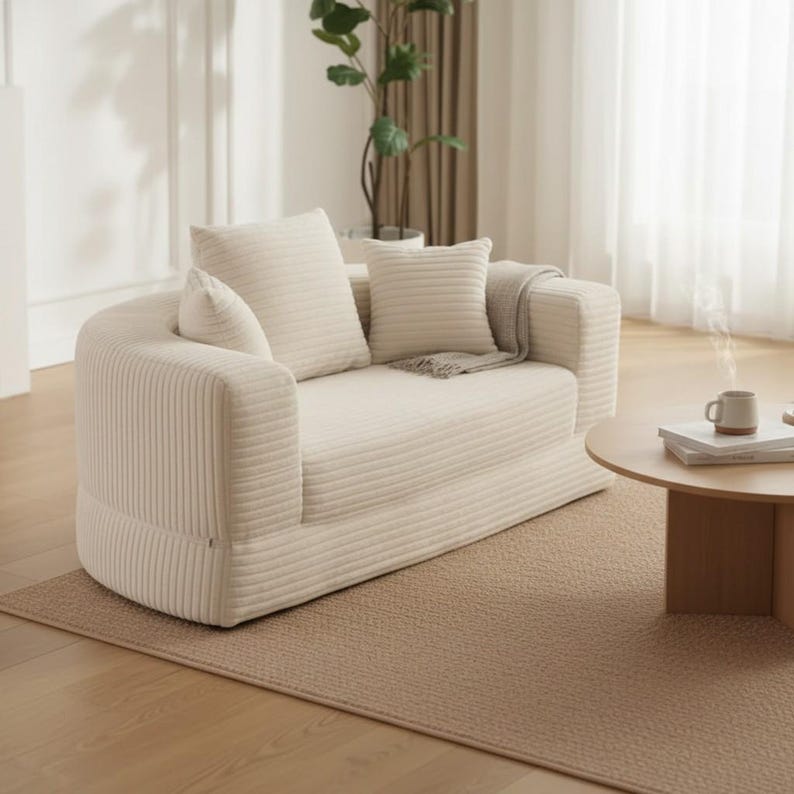 May include: Cream-colored corduroy sofa with three matching pillows. The sofa has a rounded arm design and sits on a neutral-toned rug. A small wooden side table with a mug and books is next to the sofa.
