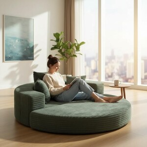 May include: A round, green corduroy sofa with a matching backrest and armrests. A person is sitting on the sofa, reading a book. The sofa is in a well-lit room with a large window and a cityscape view.