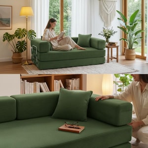 Peut inclure: Un canap&eacute;-lit vert avec un coussin assorti. Le canap&eacute; est dans un salon avec une femme lisant. Le canap&eacute; a une texture en velours c&ocirc;tel&eacute; et est entour&eacute; de plantes et de lumi&egrave;re naturelle.