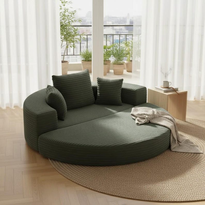 May include: A modular, olive green, round sofa with several matching throw pillows. The sofa is made of a ribbed fabric and sits on a beige rug. A small wooden side table with a mug and a blanket are also visible.