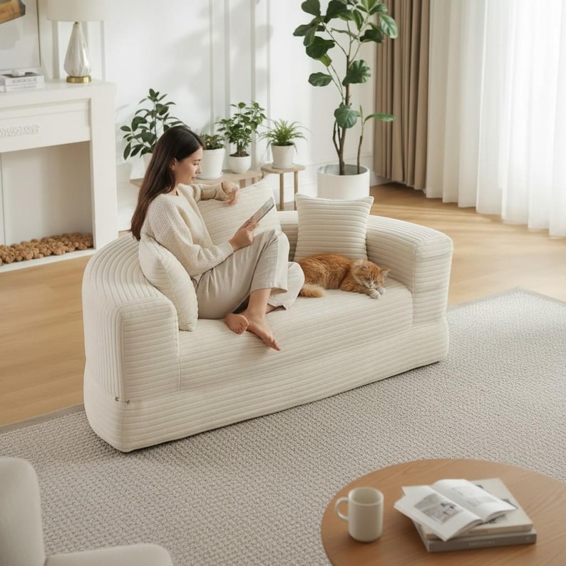 May include: A cream-colored corduroy sofa with rounded arms and back. A woman sits on the sofa, holding a tablet. A ginger cat rests on the sofa. The room has a neutral color palette with plants and a wooden coffee table.