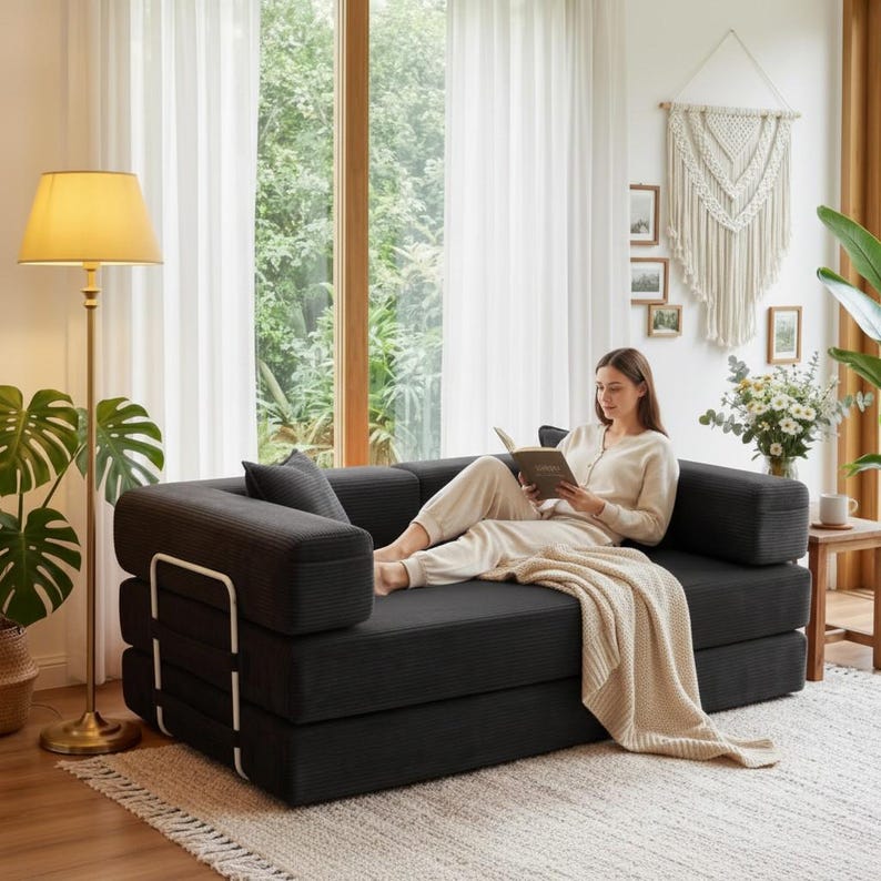 May include: A black modular sofa with white metal accents. The sofa is in a living room with a large window, a floor lamp, and a macrame wall hanging. A person is sitting on the sofa reading a book, with a beige blanket draped over them.