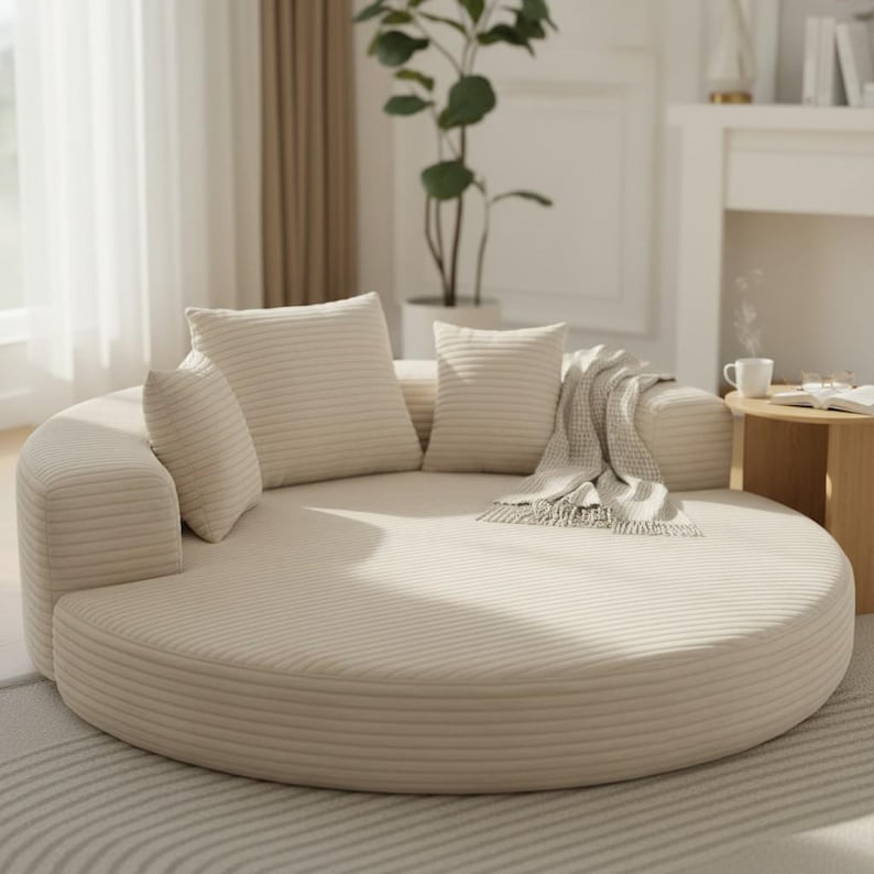 Circular Corduroy Sofa · Round Modular Floor Couch for Living Room · Convertible Sofa Bed with Washable Cover · Japandi Style image 4