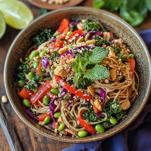 May include: A bowl of soba noodles with red bell peppers, kale, red cabbage, edamame, peanuts, and sesame seeds. The noodles are tossed in a savoury dressing and topped with fresh mint leaves.