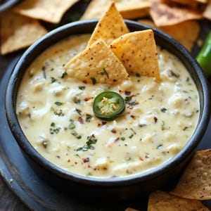 May include: A close-up of a white queso dip with green onions, jalapenos, and red pepper flakes in a black bowl.  Three tortilla chips are on top of the dip.