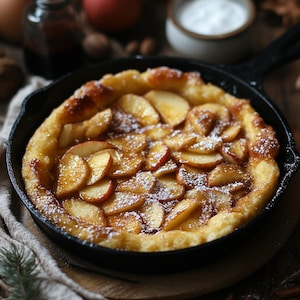 May include: A golden brown Dutch baby pancake in a cast iron skillet, topped with sliced apples and dusted with powdered sugar.
