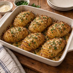 Op de afbeelding: Een rechthoekige witte keramische ovenschaal met zes goudbruine hasselback-aardappelen. De aardappelen zijn ingesneden, bedekt met gesmolten kaas en gegarneerd met verse groene kruiden, liggend in een lichte saus in de schaal.