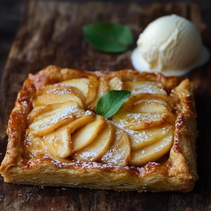 Puede incluir: Una tarta de manzana de color marr&oacute;n dorado con una corteza escamosa y una pizca de az&uacute;car en polvo. La tarta est&aacute; rellena de finas rodajas de manzana dispuestas en un patr&oacute;n circular.