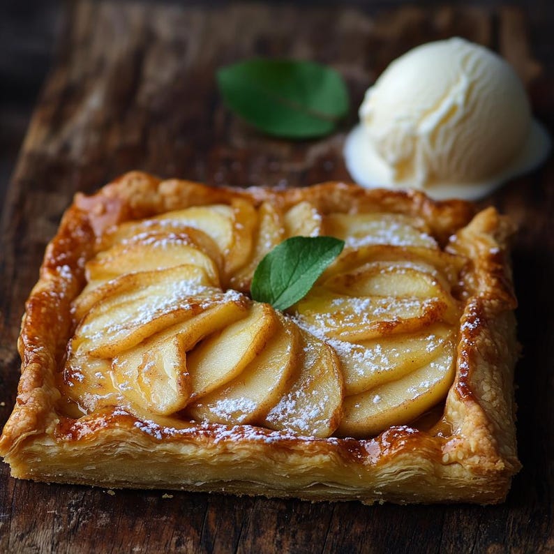 Puede incluir: Una tarta de manzana de color marr&oacute;n dorado con una corteza escamosa y una pizca de az&uacute;car en polvo. La tarta est&aacute; rellena de finas rodajas de manzana dispuestas en un patr&oacute;n circular.