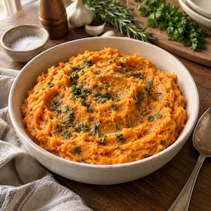 May include: A round, off-white ceramic bowl filled with mashed sweet potatoes, topped with a drizzle of melted butter, freshly cracked black pepper, and finely chopped green herbs, including sprigs of fresh rosemary and parsley.