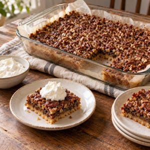 Op de afbeelding: Een rechthoekige glazen ovenschaal gevuld met een gebakken pecannoot- en chocoladedessert, bekleed met bakpapier. Een vierkant stuk ligt op een gespikkeld keramieken bord, gegarneerd met een toefje witte slagroom.