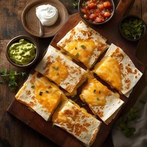 Puede incluir: Primer plano de seis quesadillas doradas con relleno de queso derretido. Las quesadillas están dispuestas sobre una tabla de cortar de madera con un pequeño tazón de guacamole y un tazón de salsa en el fondo.