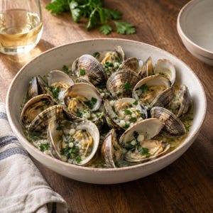 May include: A shallow, speckled ceramic bowl filled with steamed clams in a light broth, garnished with chopped green parsley and small pieces of garlic. The clams have varied brown and tan shells, some open to reveal the meat inside.