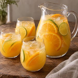 May include: A clear glass pitcher and three matching stemless glasses filled with orange juice, ice cubes, and fresh slices of orange and lime. The liquid is bright orange, and the citrus fruit slices are visible throughout the pitcher and glasses.