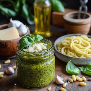 May include: A glass jar filled with bright green pesto sauce, topped with fresh basil leaves and grated parmesan cheese. The jar is sitting on a wooden table with other ingredients like pine nuts and garlic cloves.