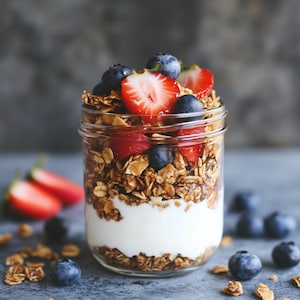 Puede incluir: Un tarro de vidrio lleno de granola, yogur, arándanos y fresas. El tarro está sobre una superficie gris.