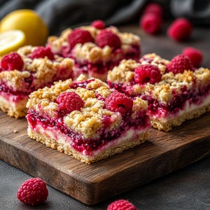 May include: Close-up of four raspberry crumble bars on a wooden cutting board. The bars are topped with a crumbly oat topping and fresh raspberries.