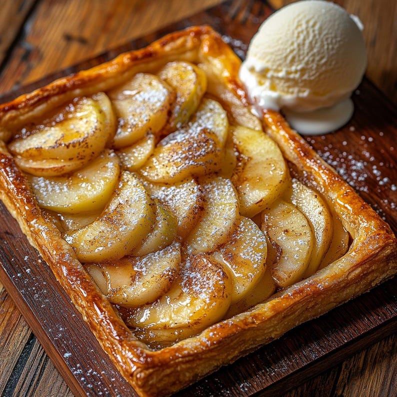 Puede incluir: Una tarta de manzana de color marr&oacute;n dorado con una corteza escamosa, cubierta con rodajas de manzana y espolvoreada con az&uacute;car en polvo. Una bola de helado de vainilla se encuentra en una tabla de cortar de madera junto a la tarta.