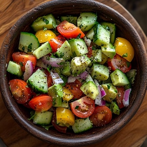 May include: A wooden bowl filled with a salad of chopped cucumbers, tomatoes, avocado, red onion, and parsley. The salad is seasoned with black pepper.