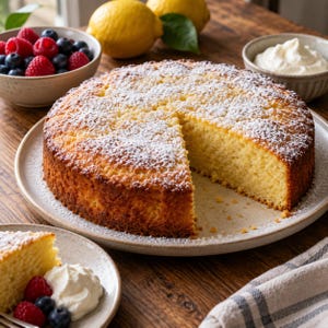 Puede incluir: Un pastel redondo de color amarillo dorado espolvoreado con azúcar glas en un plato, con una porción retirada. Al lado hay cuencos con frambuesas y arándanos frescos, un cuenco con nata montada y dos limones amarillos enteros.