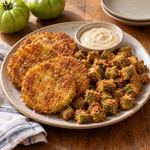 May include: A plate featuring golden-brown breaded fried green tomato slices and small pieces of fried okra, accompanied by a small bowl of creamy white dipping sauce. The dish is garnished with coarse salt and black pepper on a speckled plate.