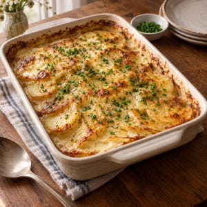 Op de afbeelding: Een rechthoekige witte keramische ovenschaal gevuld met aardappelgratin, met dun gesneden goudbruine aardappelschijfjes in een romige saus, gegarneerd met verse groene bieslook en zwarte peper, gepresenteerd in een klassieke keukenomgeving.