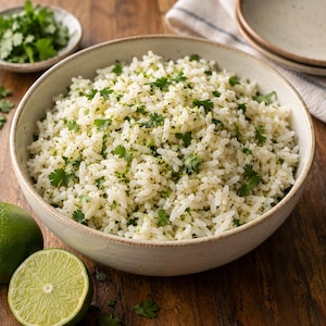 May include: A round, light-coloured ceramic bowl filled with white rice mixed with green coriander leaves and lime zest. Two halved green limes sit nearby, and a small bowl of fresh coriander is visible in the background on a wooden surface.